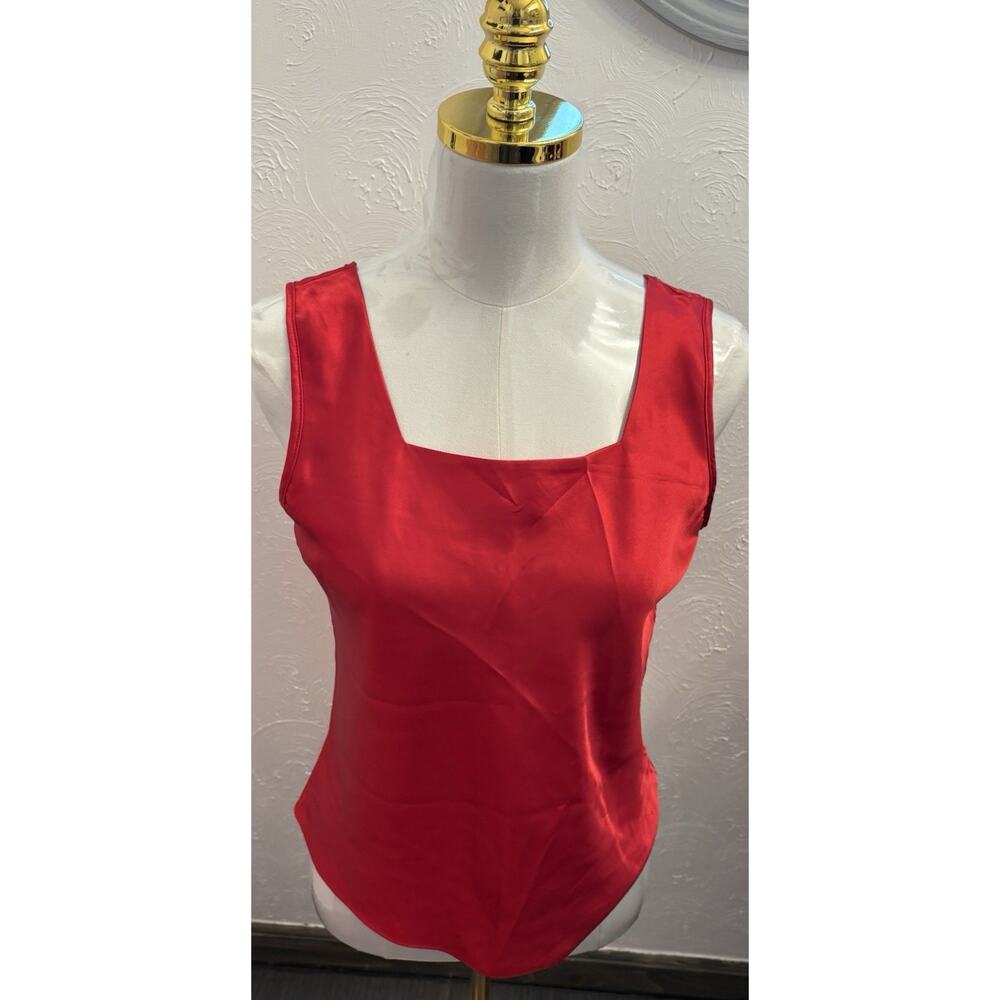 Vintage Escapades Red Square Neck Satin Tank Top Size Small Made In USA
